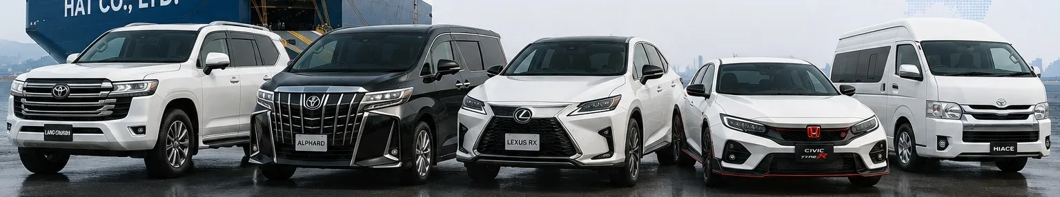 A line-up of Japanese vehicles — Land Cruiser, Alphard, Lexus RX, Civic Type R and HiAce — at a Japanese port