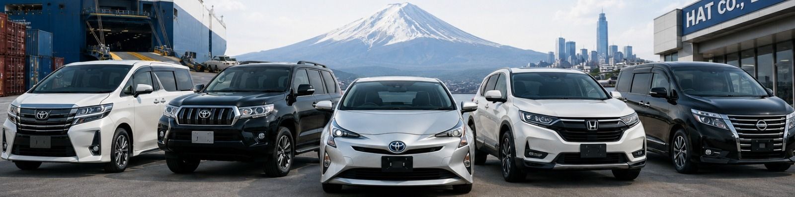 Japanese vehicles lined up at a port in Japan, with Mount Fuji and a HAT CO., LTD. car carrier behind
